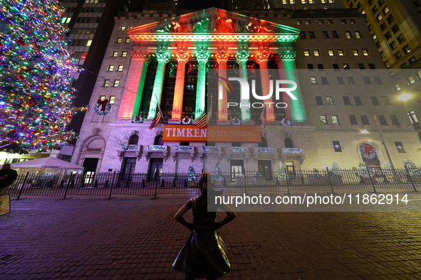 The Fearless Girl statue stands tall in front of the New York Stock Exchange on Broad Street in New York, N.Y., on December 12, 2024. 