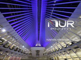 The colorful lights are inside the Oculus Transportation Hub and mall at the World Trade Center in New York, N.Y., on December 12, 2024. The...