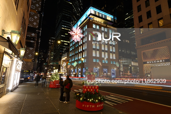 A snowflake hangs outside the exterior of Tiffany's on 57th St. and Fifth Avenue in New York, N.Y., on December 12, 2024. The photo is taken...