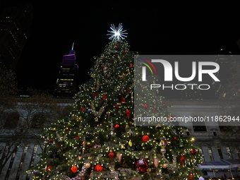 A Christmas tree stands in the Winter Village in Bryant Park in the heart of New York, N.Y., on December 12, 2024. The photo is taken as a l...