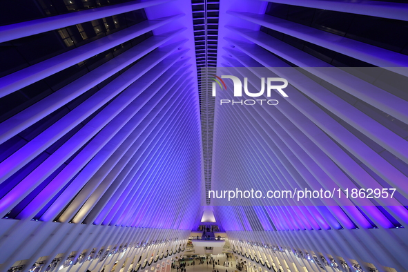 The colorful lights are inside the Oculus Transportation Hub and mall at the World Trade Center in New York, N.Y., on December 12, 2024. The...