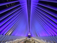 The colorful lights are inside the Oculus Transportation Hub and mall at the World Trade Center in New York, N.Y., on December 12, 2024. The...