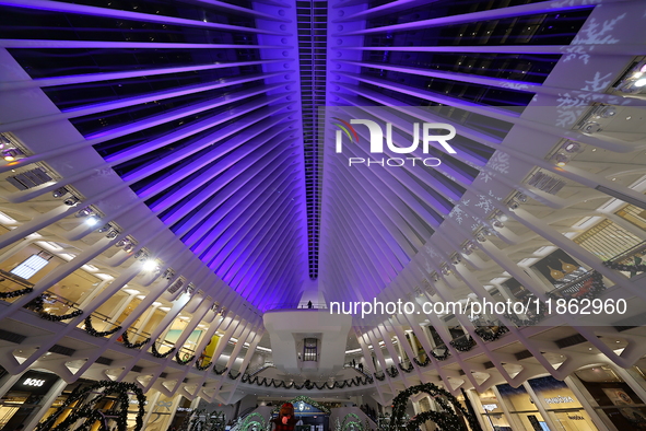 The colorful lights are inside the Oculus Transportation Hub and mall at the World Trade Center in New York, N.Y., on December 12, 2024. The...