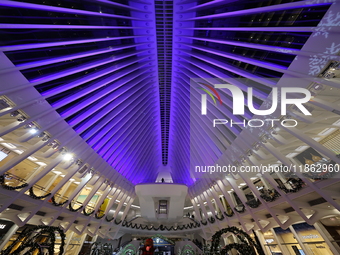 The colorful lights are inside the Oculus Transportation Hub and mall at the World Trade Center in New York, N.Y., on December 12, 2024. The...