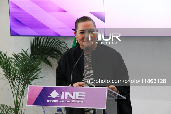 Guadalupe Taddei, president of the National Electoral Institute (INE), speaks during a press conference on the occasion of the 2025 Budget a...