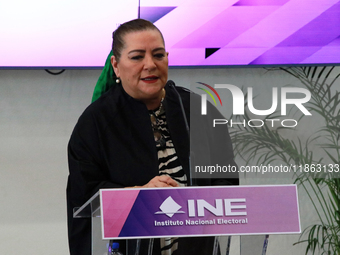 Guadalupe Taddei, president of the National Electoral Institute (INE), speaks during a press conference on the occasion of the 2025 Budget a...