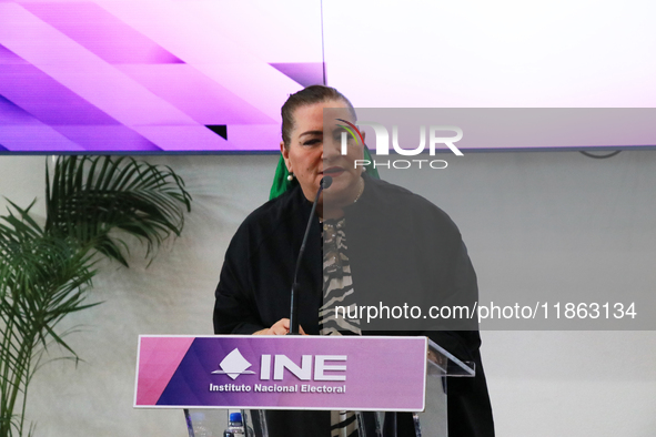 Guadalupe Taddei, president of the National Electoral Institute (INE), speaks during a press conference on the occasion of the 2025 Budget a...