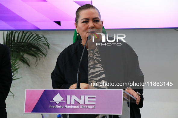 Guadalupe Taddei, president of the National Electoral Institute (INE), speaks during a press conference on the occasion of the 2025 Budget a...