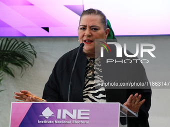 Guadalupe Taddei, president of the National Electoral Institute (INE), speaks during a press conference on the occasion of the 2025 Budget a...