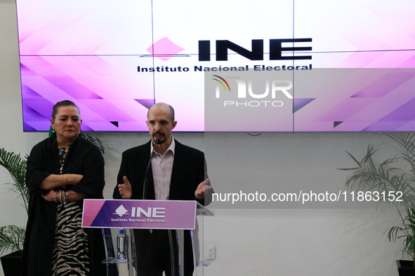 Guadalupe Taddei, president of the National Electoral Institute (INE), and electoral counselor Arturo Castillo participate in a press confer...