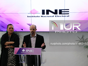 Guadalupe Taddei, president of the National Electoral Institute (INE), and electoral counselor Arturo Castillo participate in a press confer...