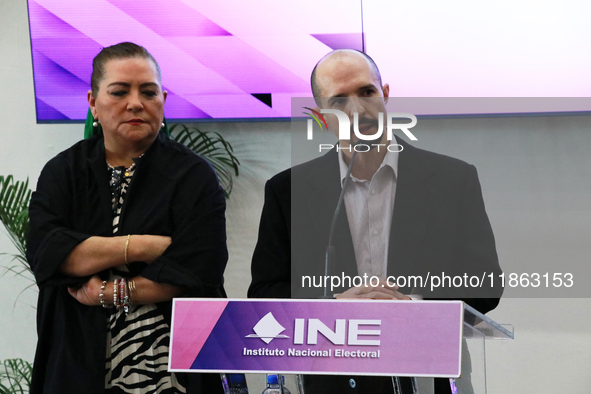 Guadalupe Taddei, president of the National Electoral Institute (INE), and electoral counselor Arturo Castillo participate in a press confer...