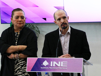 Guadalupe Taddei, president of the National Electoral Institute (INE), and electoral counselor Arturo Castillo participate in a press confer...