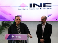 Guadalupe Taddei, president of the National Electoral Institute (INE), and electoral counselor Arturo Castillo participate in a press confer...