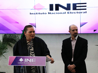 Guadalupe Taddei, president of the National Electoral Institute (INE), and electoral counselor Arturo Castillo participate in a press confer...