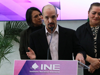 Guadalupe Taddei, president of the National Electoral Institute (INE), and electoral counselor Arturo Castillo participate in a press confer...