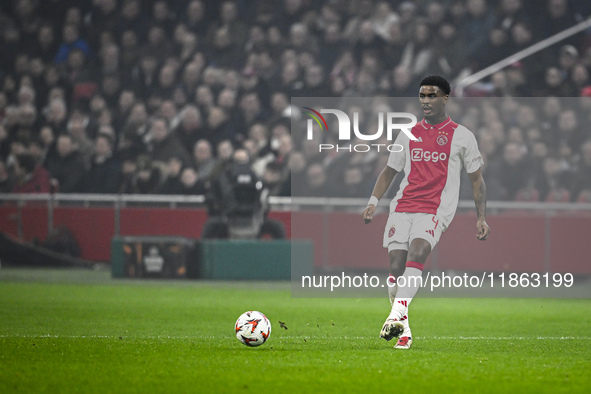 AFC Ajax Amsterdam defender Jorrel Hato plays during the match between Ajax and Lazio at the Johan Cruijff ArenA for the UEFA Europa League...