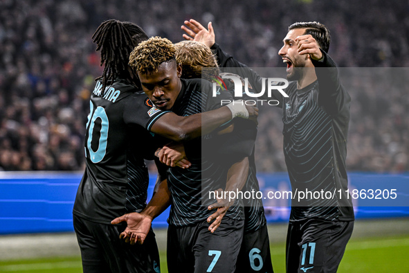 Lazio midfielder Fisayo Dele-Bashiru, Lazio midfielder Nicolo Rovella, and Lazio forward Taty Castellanos celebrate the goal during the matc...