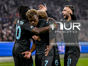 Lazio midfielder Fisayo Dele-Bashiru, Lazio midfielder Nicolo Rovella, and Lazio forward Taty Castellanos celebrate the goal during the matc...