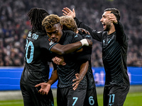 Lazio midfielder Fisayo Dele-Bashiru, Lazio midfielder Nicolo Rovella, and Lazio forward Taty Castellanos celebrate the goal during the matc...