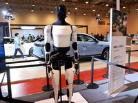 A Tesla humanoid robot is displayed at the 16th Shandong International Auto Show 2024 in Qingdao, China, on December 13, 2024. (