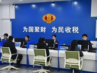 Tax officers handle business for taxpayers at the tax service hall of Yongnian District Government Affairs Service Center in Handan, North C...