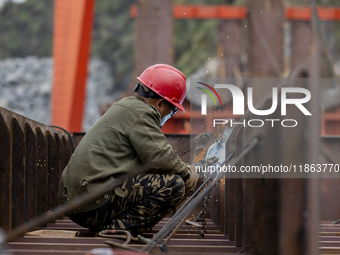 Workers build a new energy vehicle ro-ro ship at the Huaxing Ship Construction base in Zigui County, Yichang City, Hubei province, China, on...