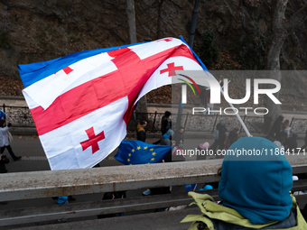 A protestor waves a European Georgian flag while private sector workers, students, and other protesters take to the streets for a demonstrat...