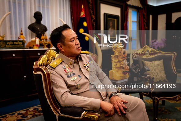 Minister of Interior and Deputy Prime Minister Anutin Charnvirakul speaks to the media in his office at the Ministry of Interior in Bangkok,...