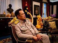 Minister of Interior and Deputy Prime Minister Anutin Charnvirakul speaks to the media in his office at the Ministry of Interior in Bangkok,...