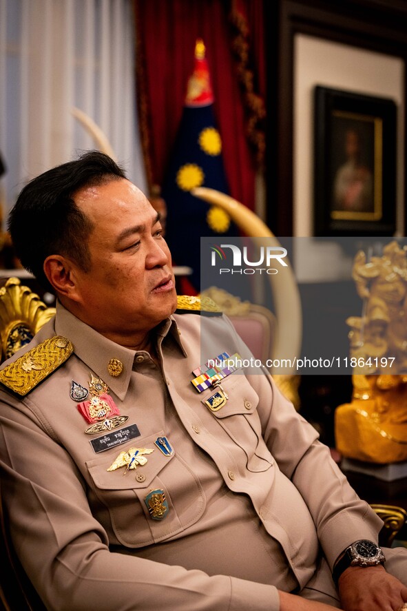 Minister of Interior and Deputy Prime Minister Anutin Charnvirakul speaks to the media in his office at the Ministry of Interior in Bangkok,...