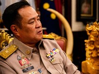 Minister of Interior and Deputy Prime Minister Anutin Charnvirakul speaks to the media in his office at the Ministry of Interior in Bangkok,...