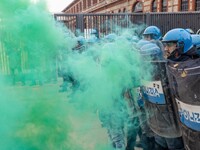 During a student march, a clash occurs in front of the Polytechnic University in Turin, Italy, on December 13, 2024. The students attempt to...