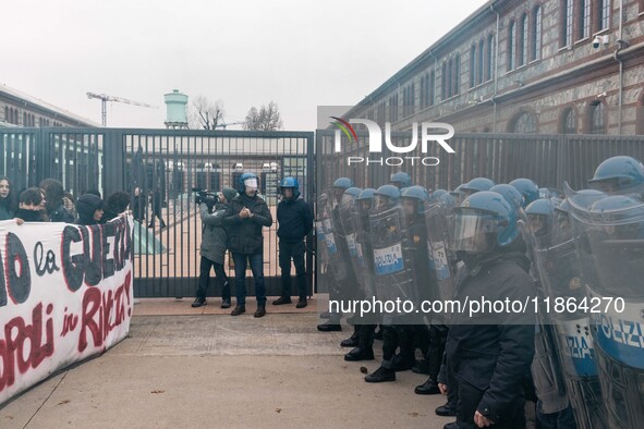 During a student march, a clash occurs in front of the Polytechnic University in Turin, Italy, on December 13, 2024. The students attempt to...