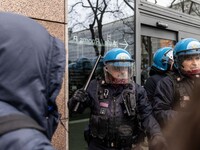 During a student march, a clash occurs in front of the Polytechnic University in Turin, Italy, on December 13, 2024. The students attempt to...