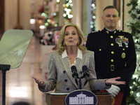 The First Lady Jill Biden holds a U.S. Marine Corps Reserve Toys for Tots event with local Marine Corps families in the East Room of the Whi...