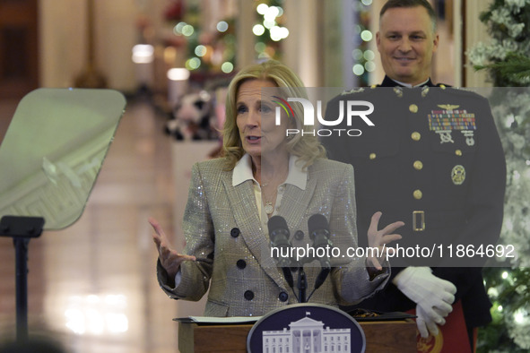 The First Lady Jill Biden holds a U.S. Marine Corps Reserve Toys for Tots event with local Marine Corps families in the East Room of the Whi...