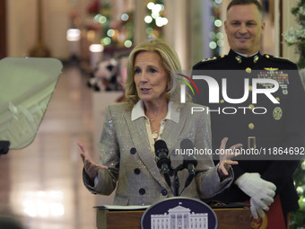 The First Lady Jill Biden holds a U.S. Marine Corps Reserve Toys for Tots event with local Marine Corps families in the East Room of the Whi...