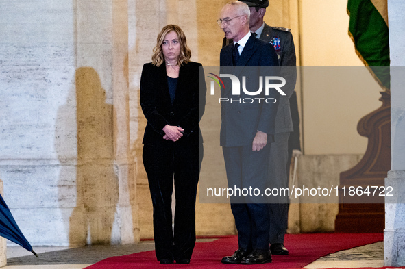 Italian Prime Minister Giorgia Meloni welcomes Palestinian President Mahmud Abbas at Palazzo Chigi prior to their meeting in Rome, Italy, on...