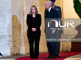 Italian Prime Minister Giorgia Meloni welcomes Palestinian President Mahmud Abbas at Palazzo Chigi prior to their meeting in Rome, Italy, on...