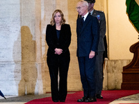 Italian Prime Minister Giorgia Meloni welcomes Palestinian President Mahmud Abbas at Palazzo Chigi prior to their meeting in Rome, Italy, on...