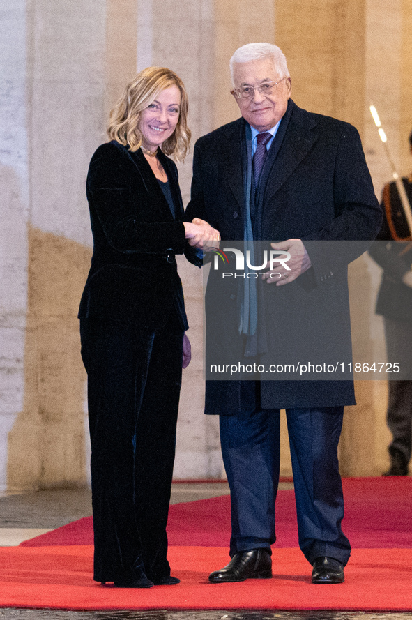 Italian Prime Minister Giorgia Meloni welcomes Palestinian President Mahmud Abbas at Palazzo Chigi prior to their meeting in Rome, Italy, on...