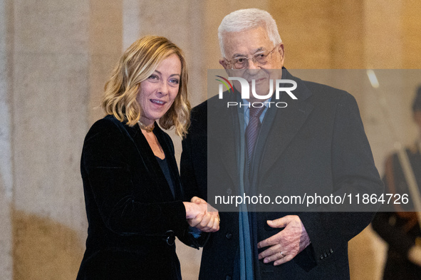 Italian Prime Minister Giorgia Meloni welcomes Palestinian President Mahmud Abbas at Palazzo Chigi prior to their meeting in Rome, Italy, on...