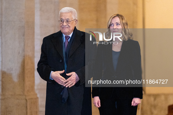 Italian Prime Minister Giorgia Meloni welcomes Palestinian President Mahmud Abbas at Palazzo Chigi prior to their meeting in Rome, Italy, on...