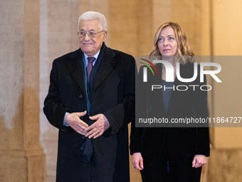 Italian Prime Minister Giorgia Meloni welcomes Palestinian President Mahmud Abbas at Palazzo Chigi prior to their meeting in Rome, Italy, on...