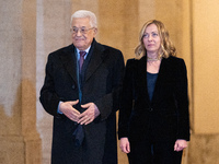 Italian Prime Minister Giorgia Meloni welcomes Palestinian President Mahmud Abbas at Palazzo Chigi prior to their meeting in Rome, Italy, on...