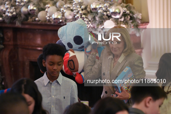 The First Lady hosts a Toys for Tots event at the White House with military families in Washington, D.C, on december 13, 2024. 