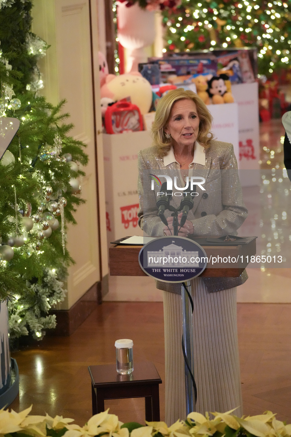 The First Lady hosts a Toys for Tots event at the White House with military families in Washington, D.C, on december 13, 2024. 