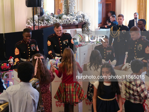 The First Lady hosts a Toys for Tots event at the White House with military families in Washington, D.C, on december 13, 2024. 