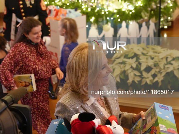 The First Lady hosts a Toys for Tots event at the White House with military families in Washington, D.C, on december 13, 2024. 